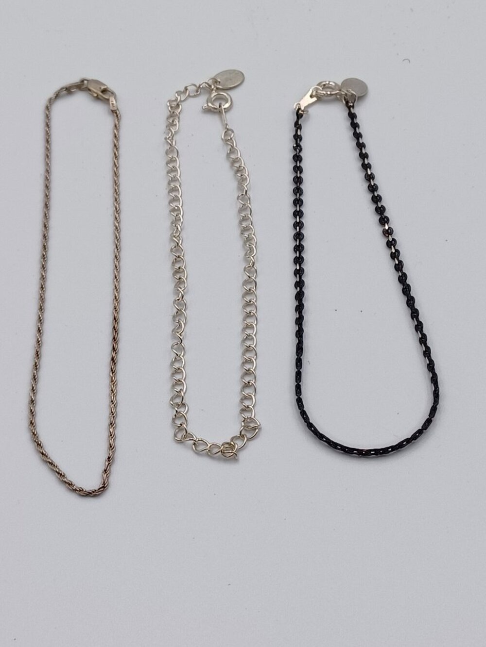 3 pcs Ankle Bracelets lengths Black 9.5 Twisted Silver 11 Silver Chain 10
